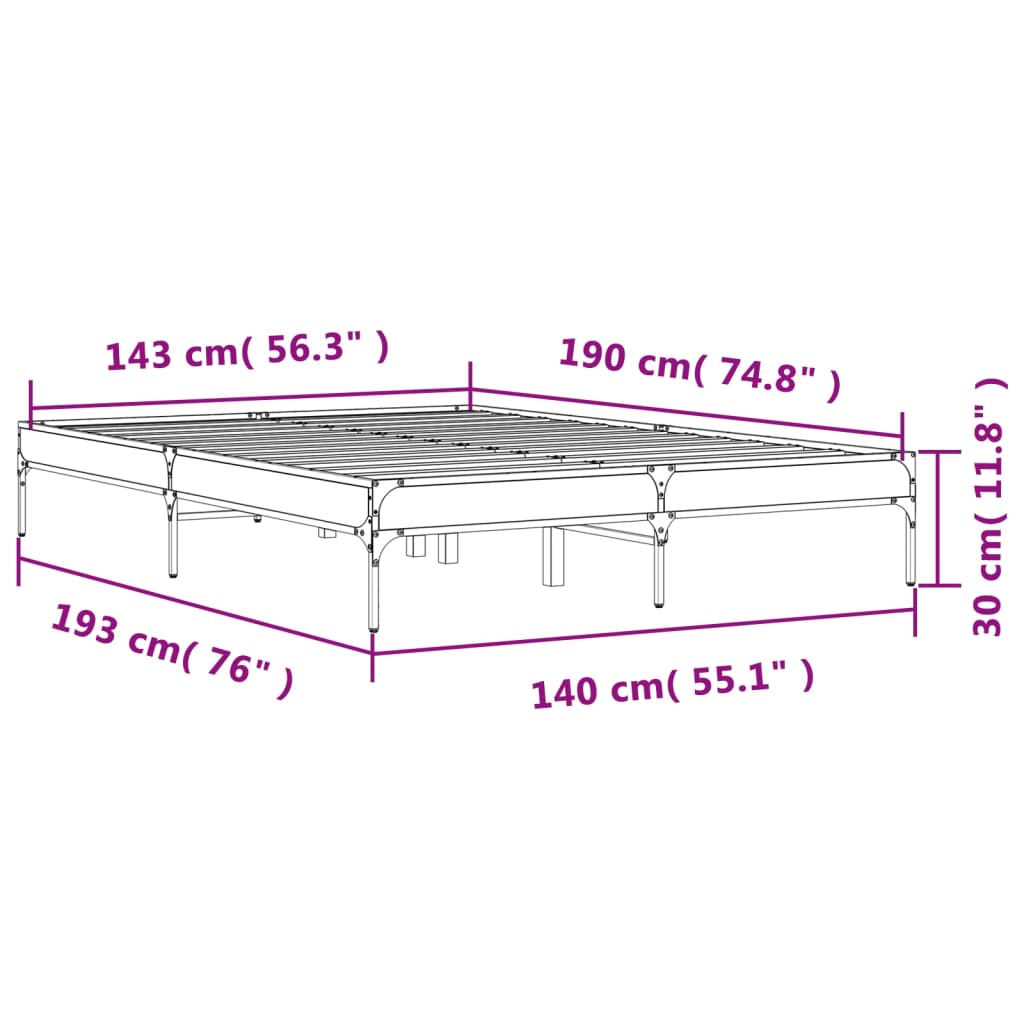 Okvir za krevet boja hrasta 140x190cm konstruirano drvo i metal