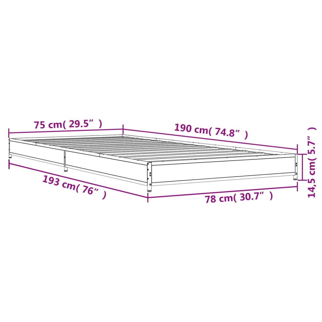 Okvir za krevet boja hrasta 75x190 cm konstruirano drvo i metal