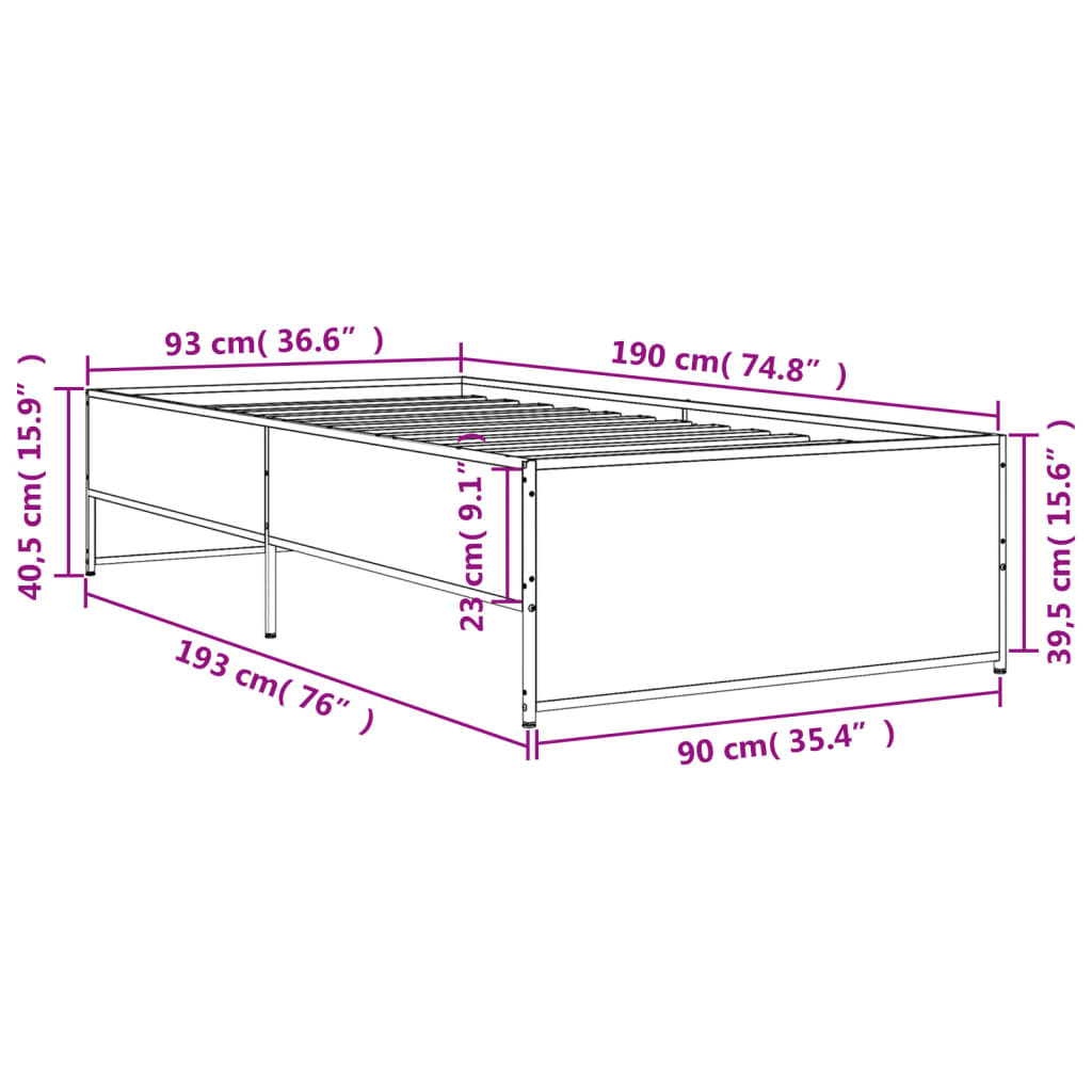 Okvir kreveta boja hrasta 90 x 190 cm konstruirano drvo i metal