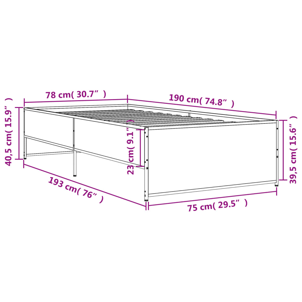 Okvir za krevet smeđi hrast 75x190 cm konstruirano drvo i metal