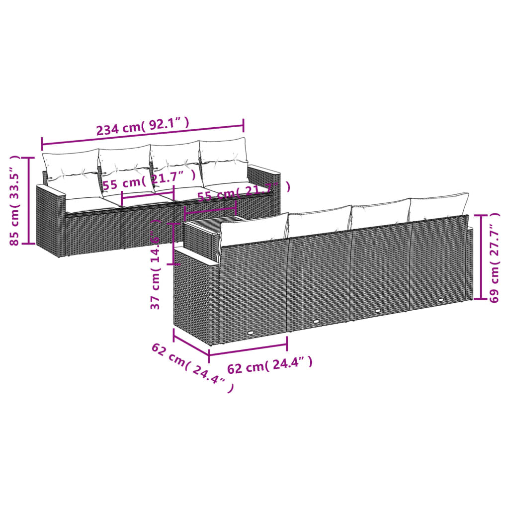 9-dijelni set vrtnih sofa od poliratana s jastucima sivi