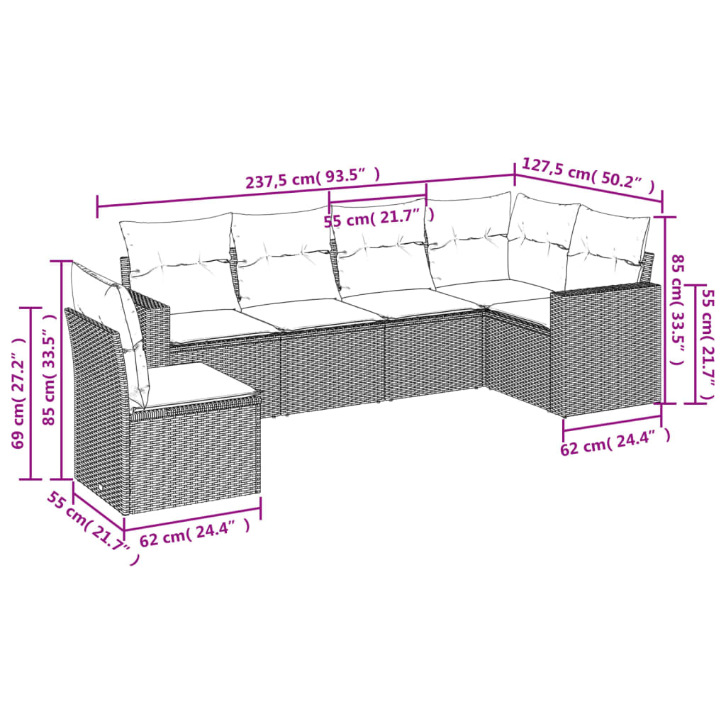 6-dijelni set vrtnih sofa s jastucima crni od poliratana