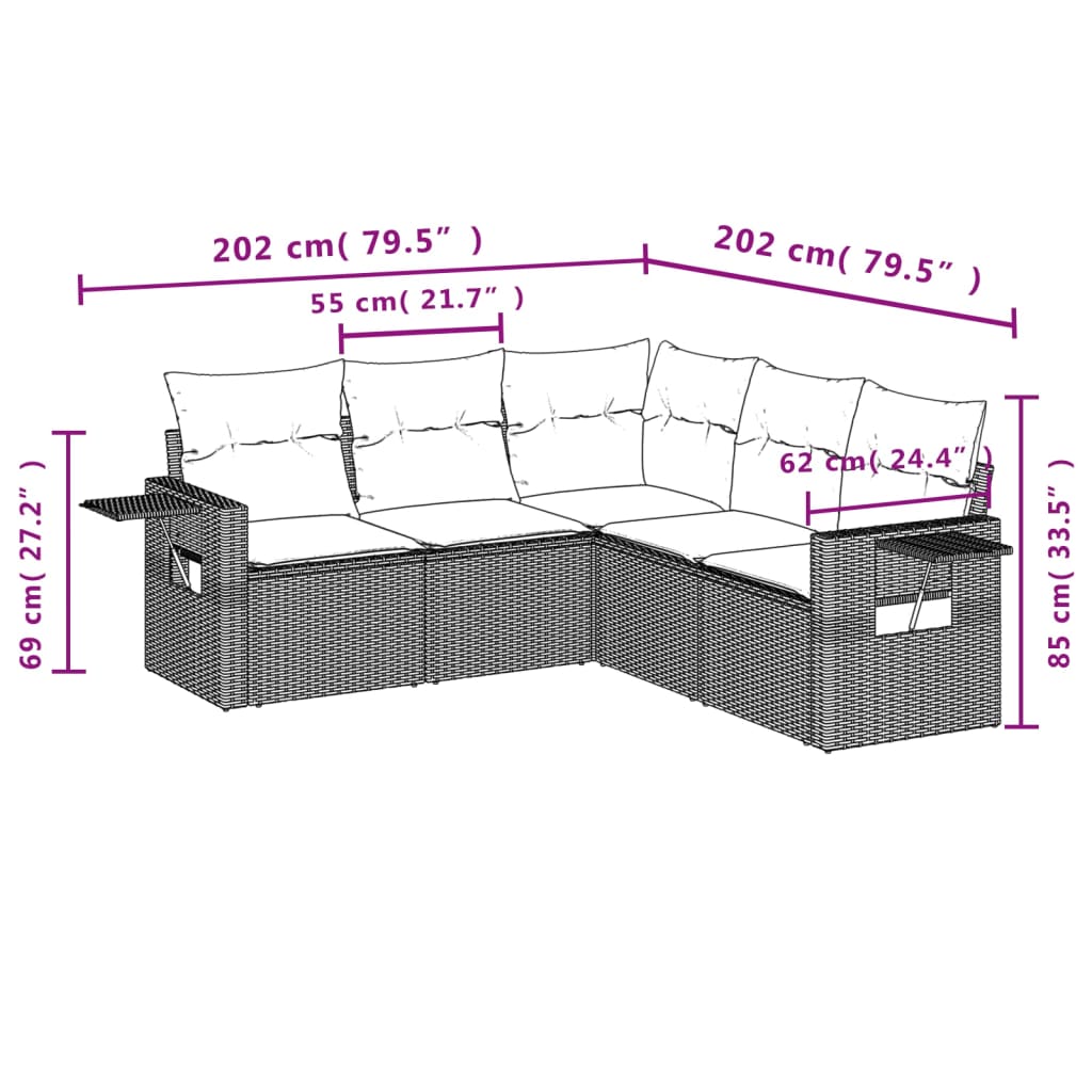 5-dijelni vrtni set sofa s jastucima bež od poliratana
