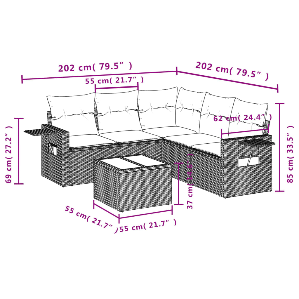 6-dijelni set vrtnih sofa s jastucima crni od poliratana
