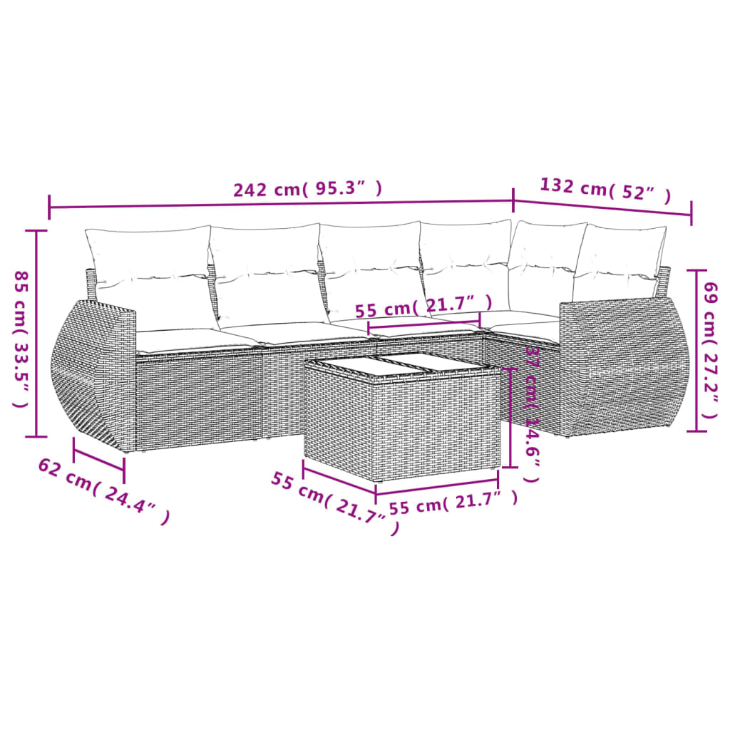 6-dijelni set vrtnih sofa od poliratana s jastucima sivi