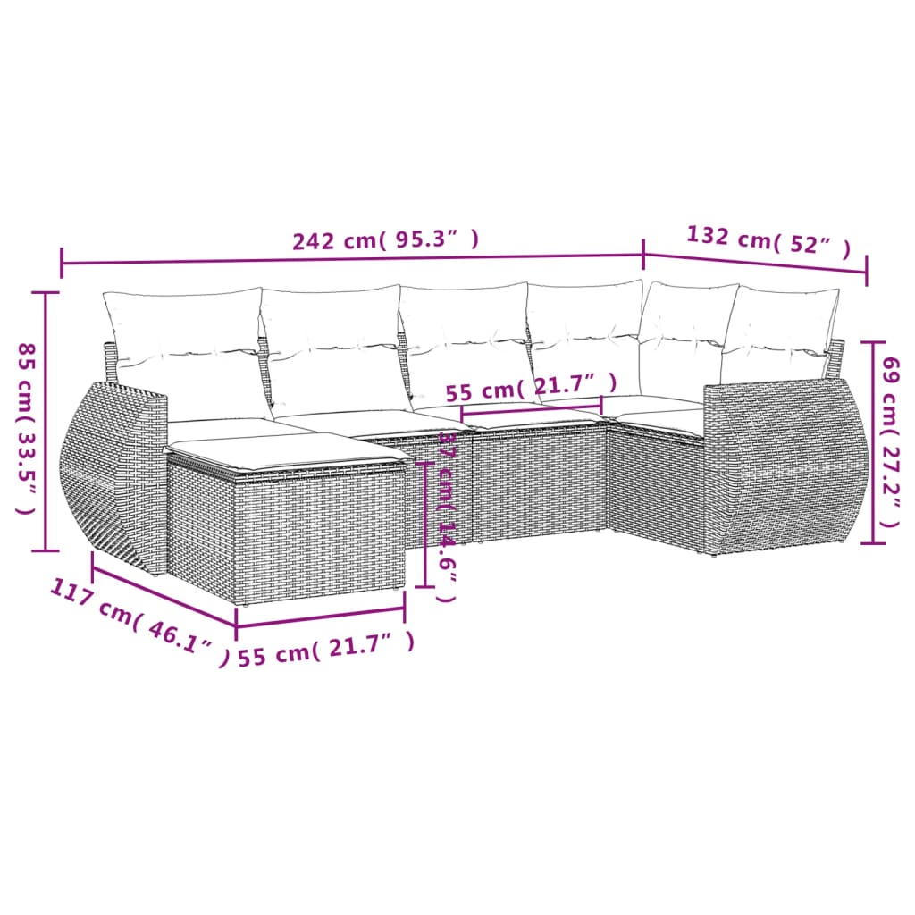 6-dijelni set vrtnih sofa s jastucima crni od poliratana