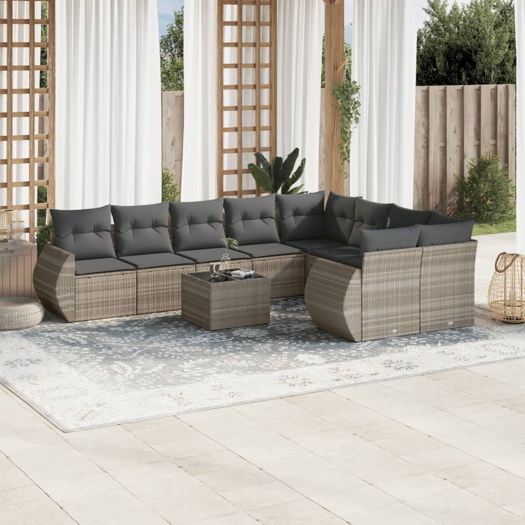 10-dijelni set vrtnih sofa poliratan s jastucima svijetlosivi