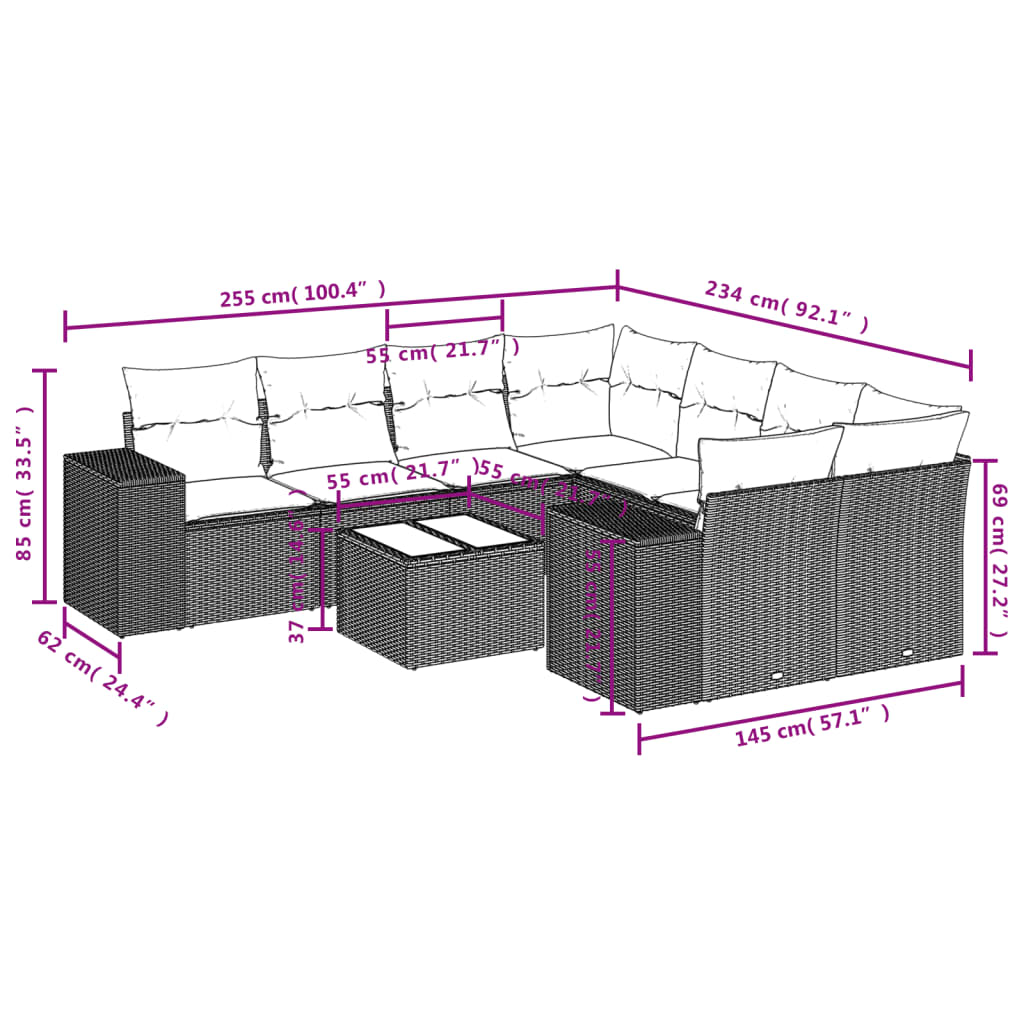 9-dijelni set vrtnih sofa s jastucima poliratan smeđi