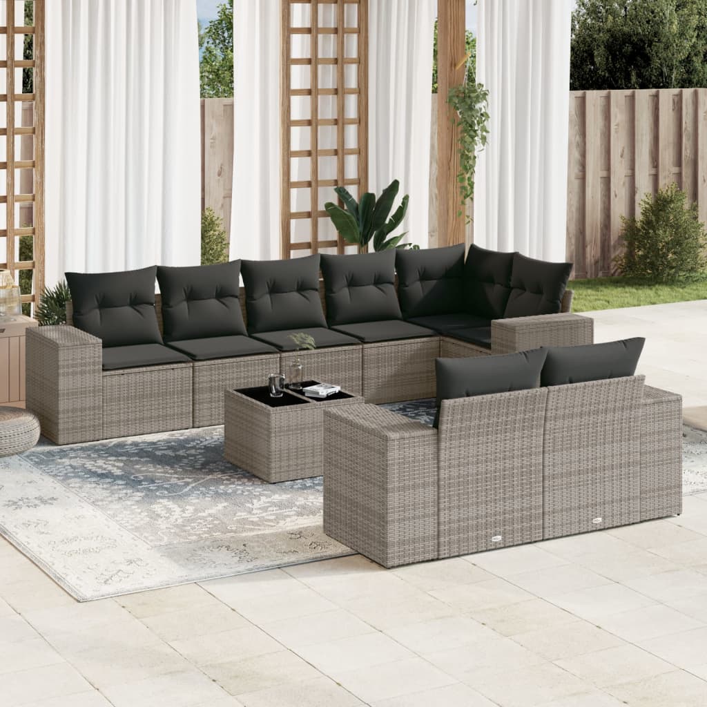 9-dijelni set vrtnih sofa od poliratana s jastucima sivi