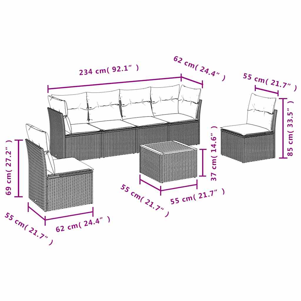7-dijelni set vrtnih sofa od poliratana s jastucima crni