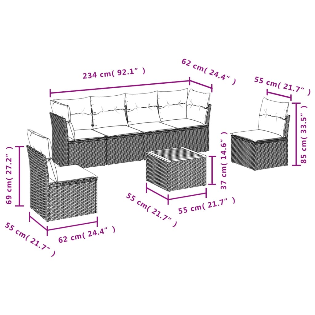 7-dijelni set vrtnih sofa od poliratana s jastucima crni
