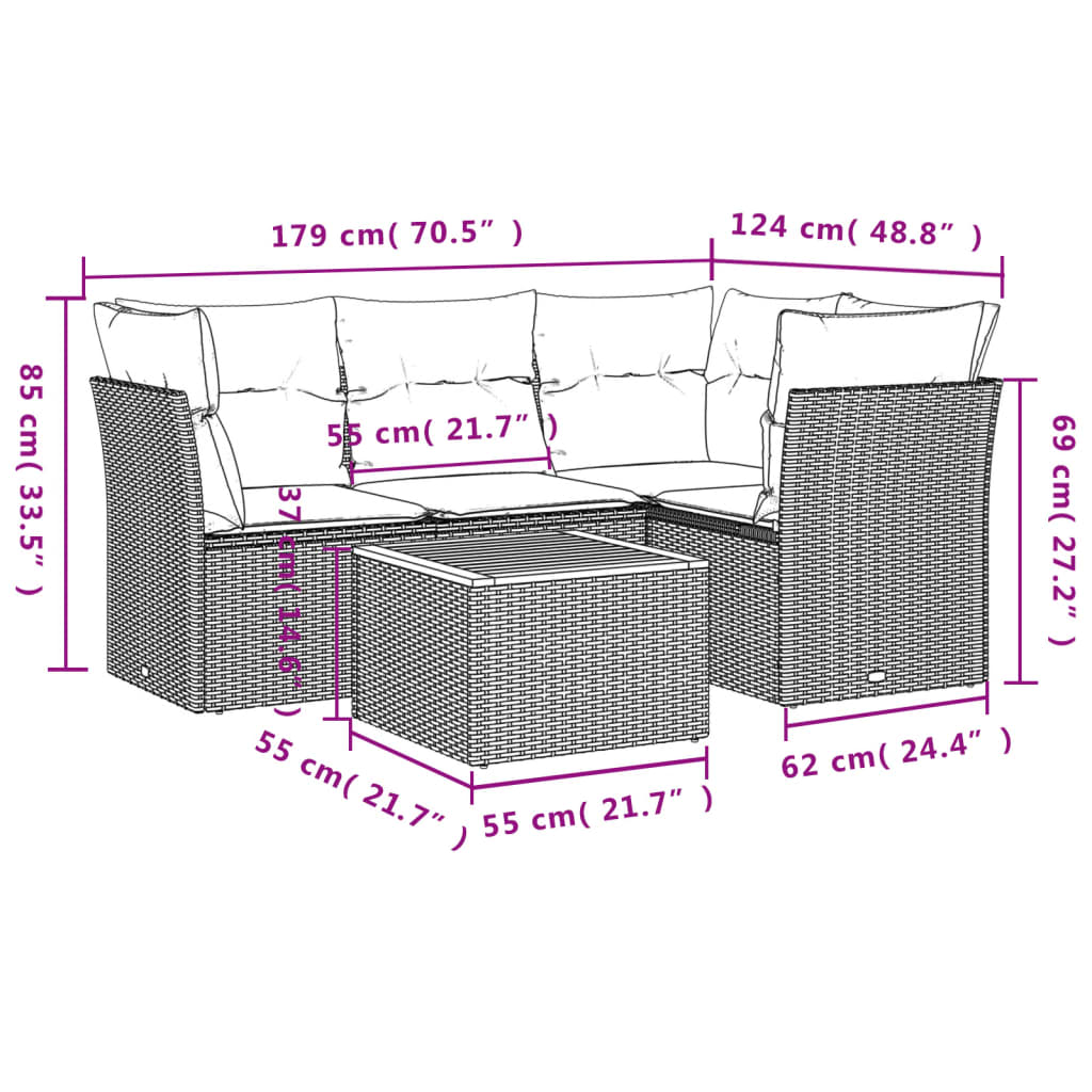 5-dijelni set vrtnih sofa od poliratana s jastucima crni