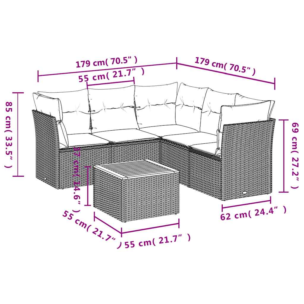 6-dijelni set vrtnih sofa s jastucima crni od poliratana