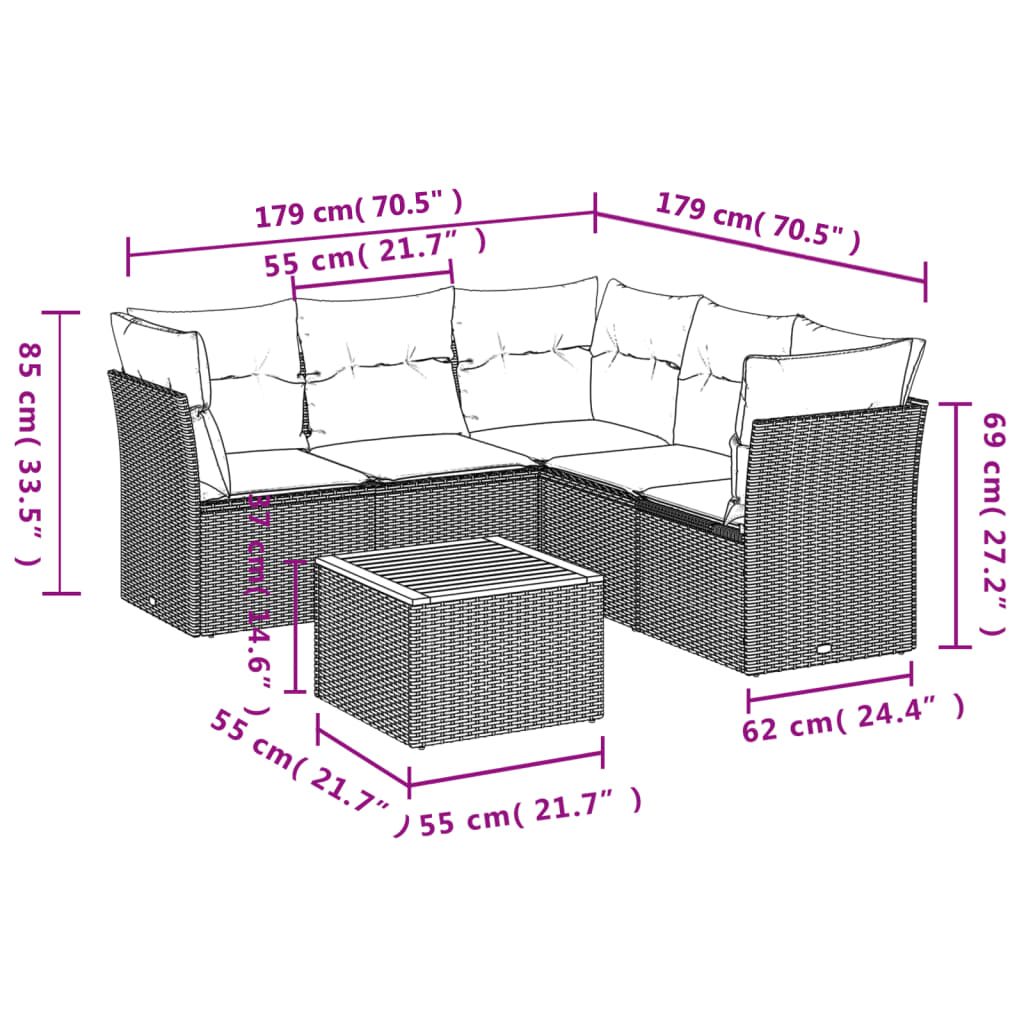 6-dijelni set vrtnih sofa od poliratana s jastucima crni