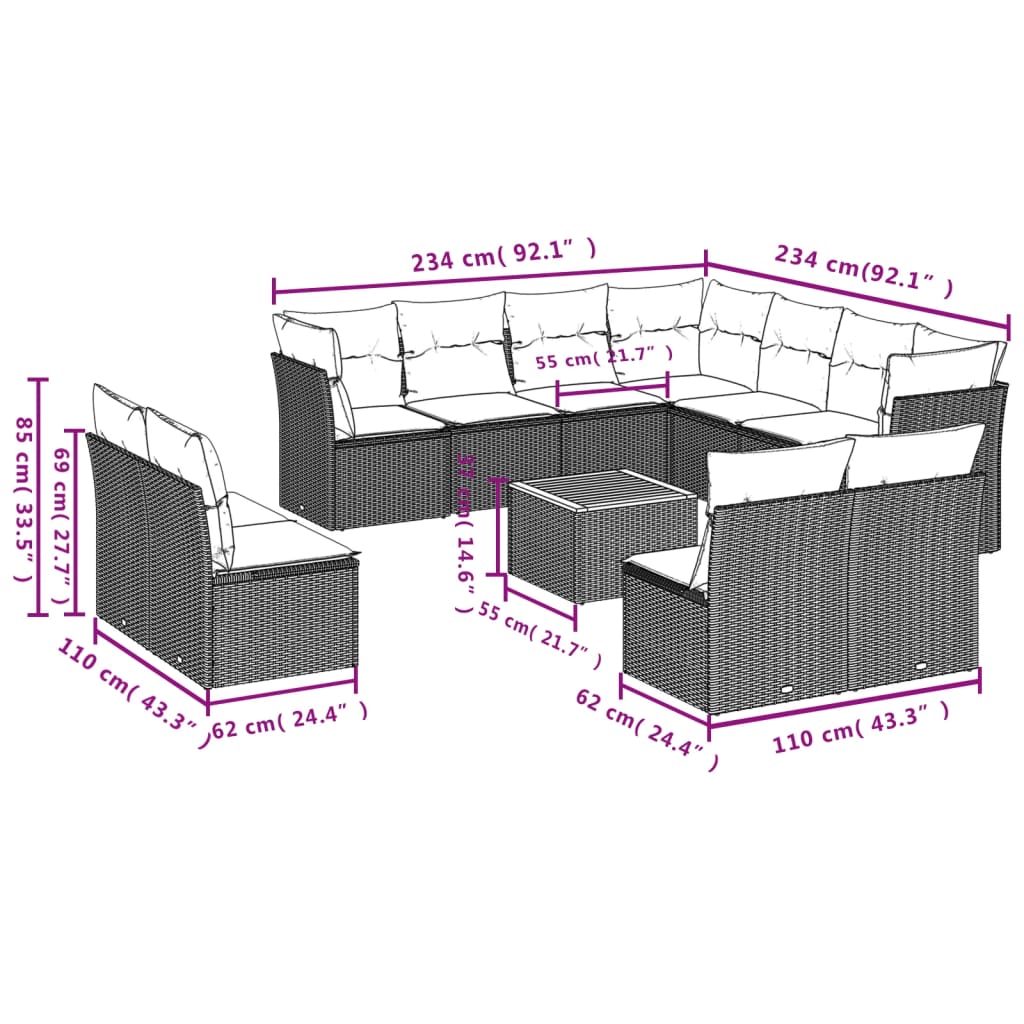 12-dijelni set vrtnih sofa s jastucima poliratan crni