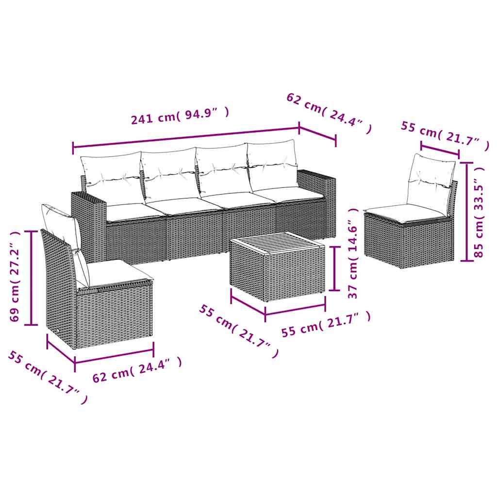 7-dijelni set vrtnih sofa od poliratana s jastucima sivi