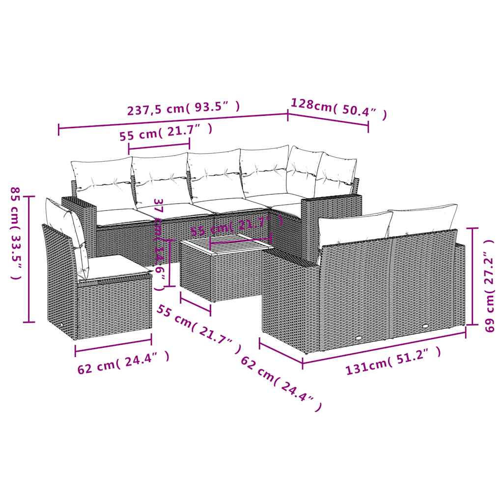 9-dijelni set vrtnih sofa od poliratana s jastucima crni