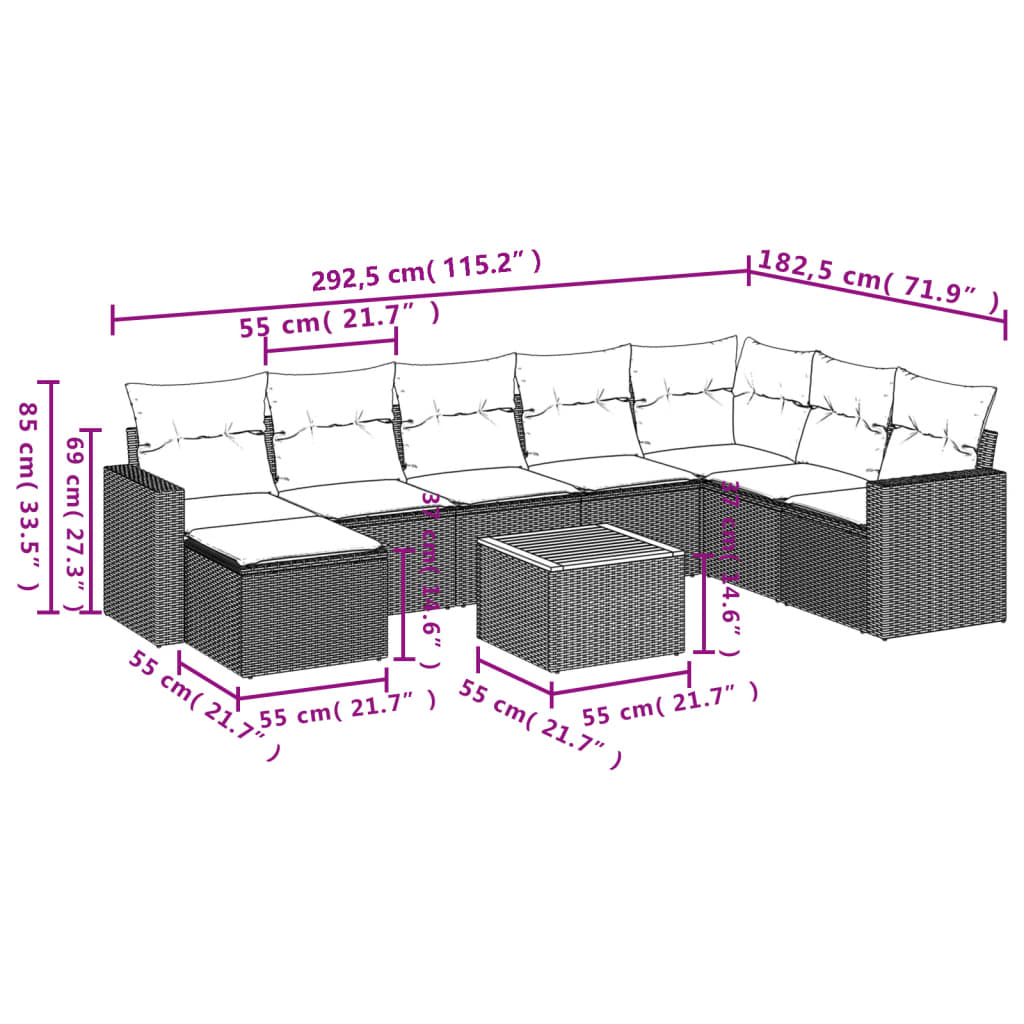 9-dijelni set vrtnih sofa od poliratana s jastucima sivi