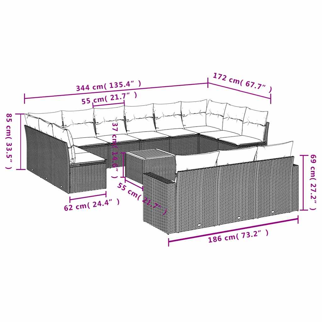 14-dijelni set vrtnih sofa s jastucima poliratan crni