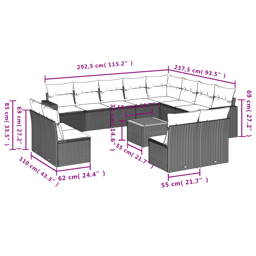 13-dijelni set vrtnih sofa s jastucima bež od poliratana