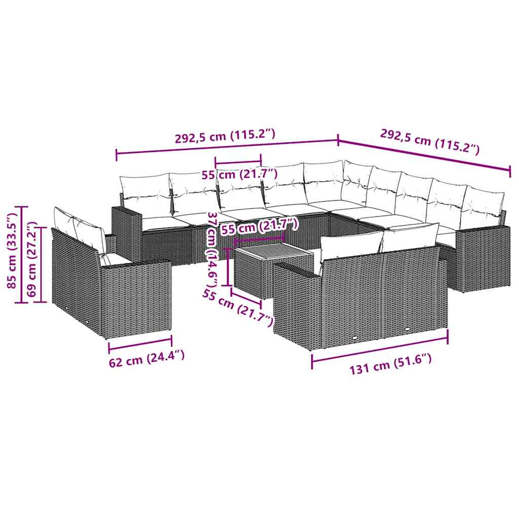 14-dijelni set vrtnih sofa s jastucima poliratan crni