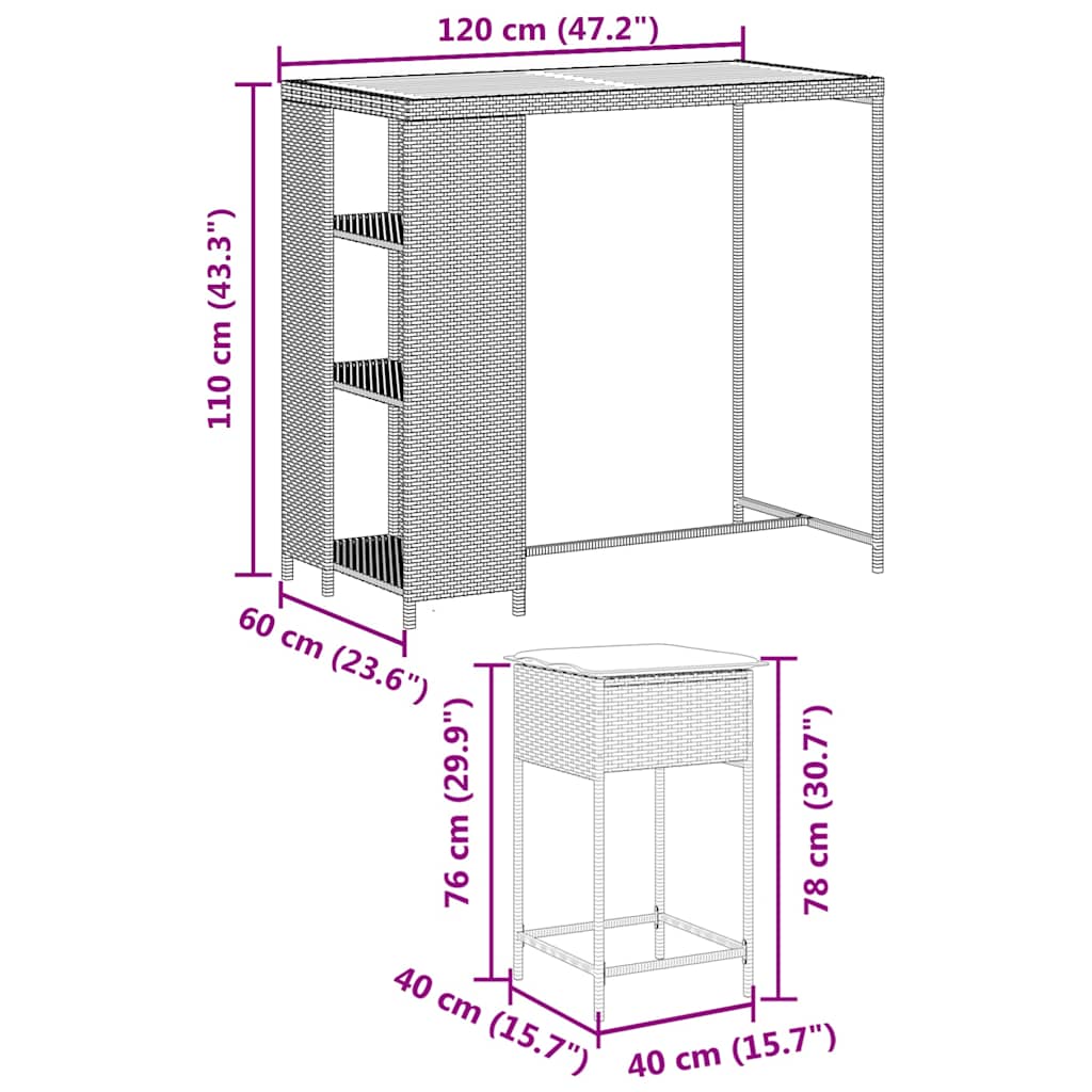 5-dijelni vrtni barski set od poliratana s jastucima crni