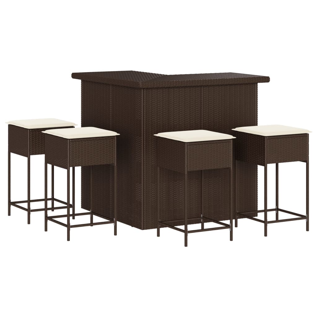 5-dijelni vrtni barski set od poliratana s jastucima smeđi