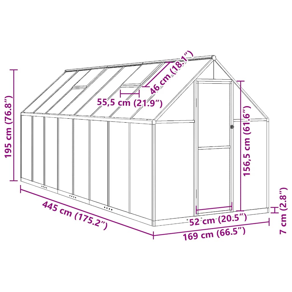 Staklenik s okvirom antracit 445 x 169 x 195 cm aluminijski