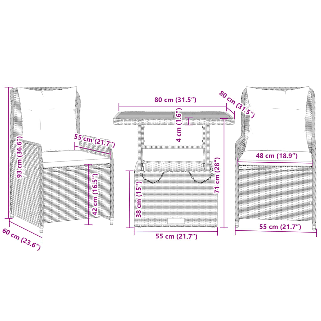 3-dijelni bistro set s jastucima crni od poliratana