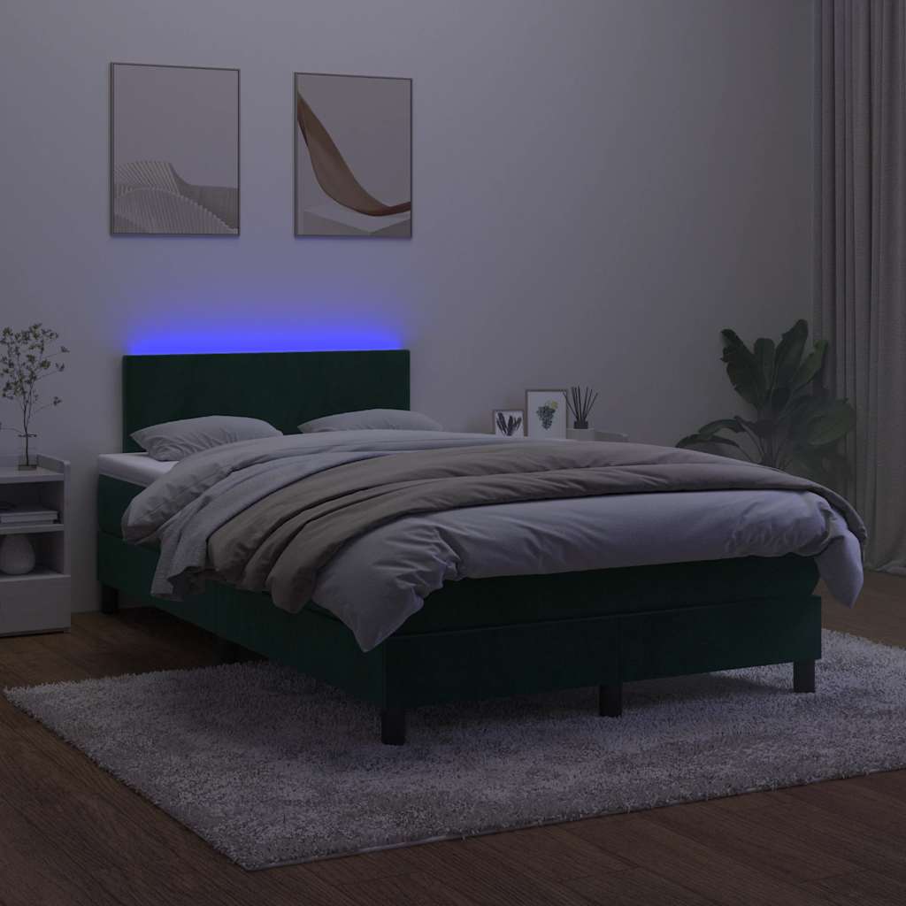 Krevet s oprugama i madracem LED tamnozelenim 120x190 cm baršun