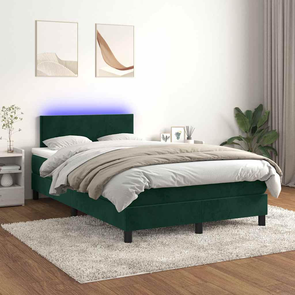 Krevet s oprugama i madracem LED tamnozelenim 120x190 cm baršun
