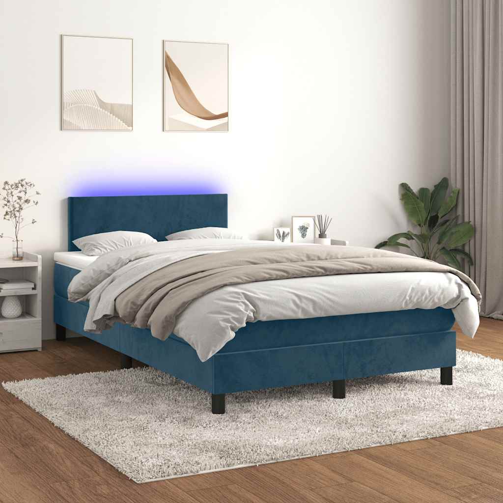 Krevet s oprugama i madracem LED tamnoplavi 120 x 190 cm baršun
