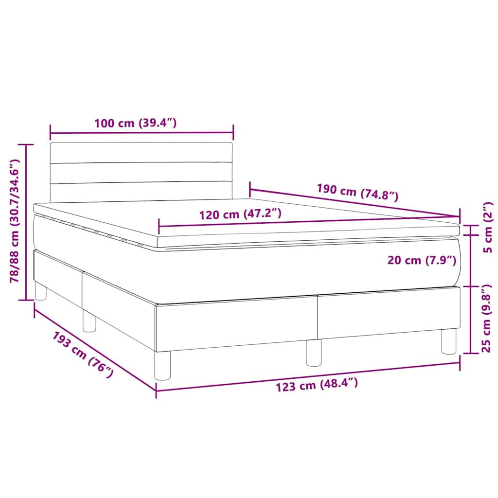 Krevet box spring s madracem LED svjetlosivi 120x190 cm tkanina