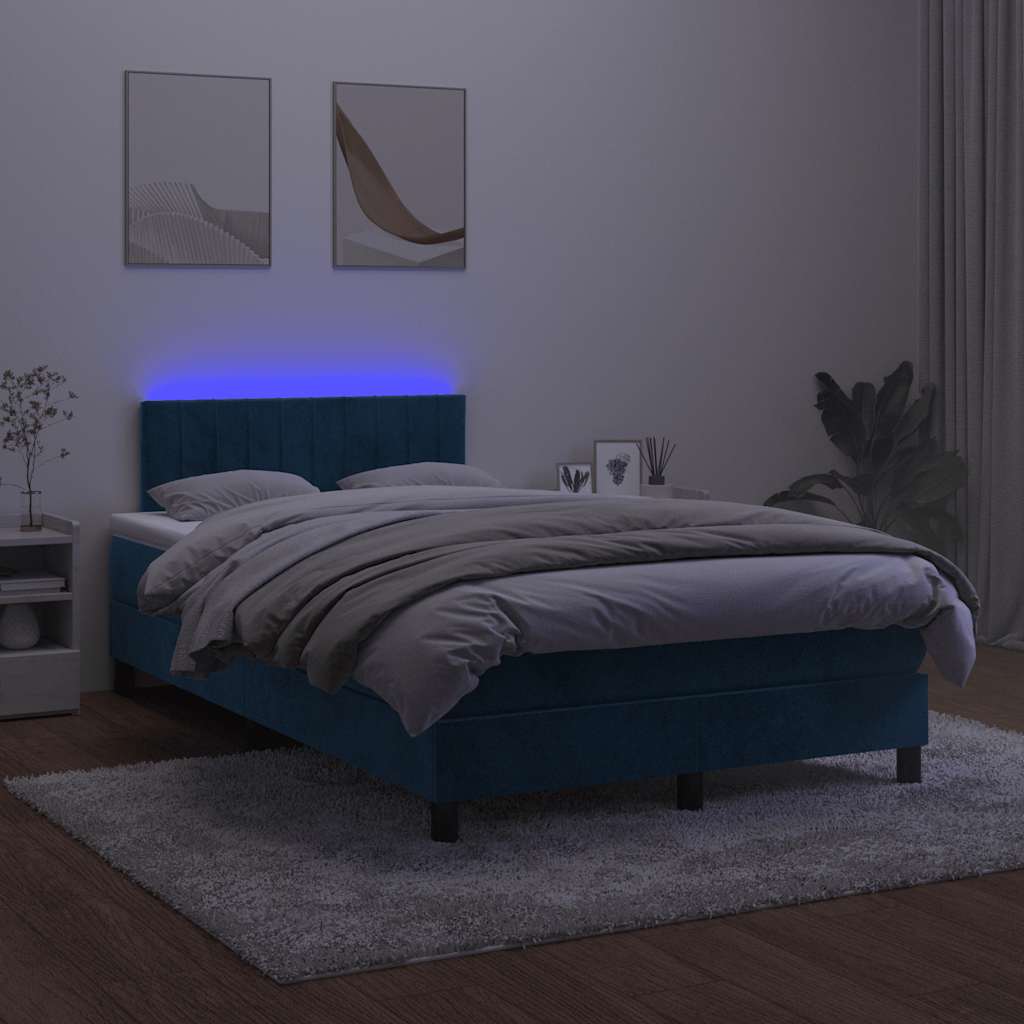 Krevet s oprugama i madracem LED tamnoplavi 120 x 190 cm baršun