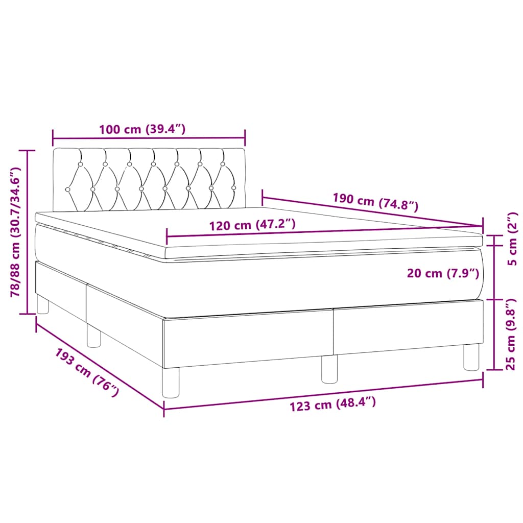 Krevet box spring s madracem LED svjetlosivi 120x190 cm tkanina