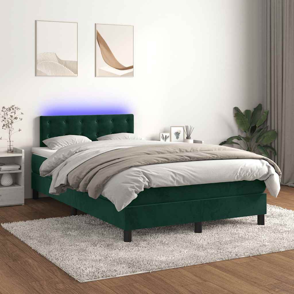 Krevet s oprugama i madracem LED tamnozelenim 120x190 cm baršun