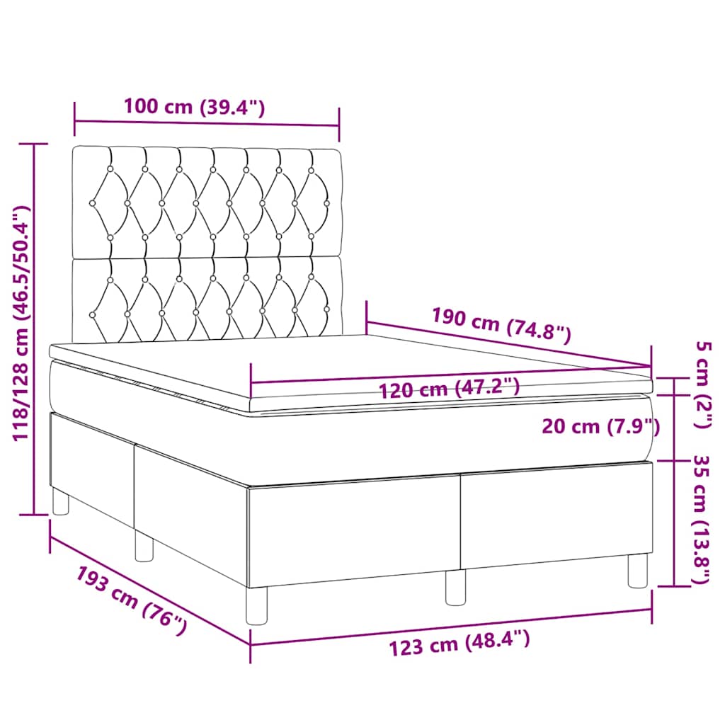 Krevet box spring s madracem LED crni 120 x 190 cm od tkanine