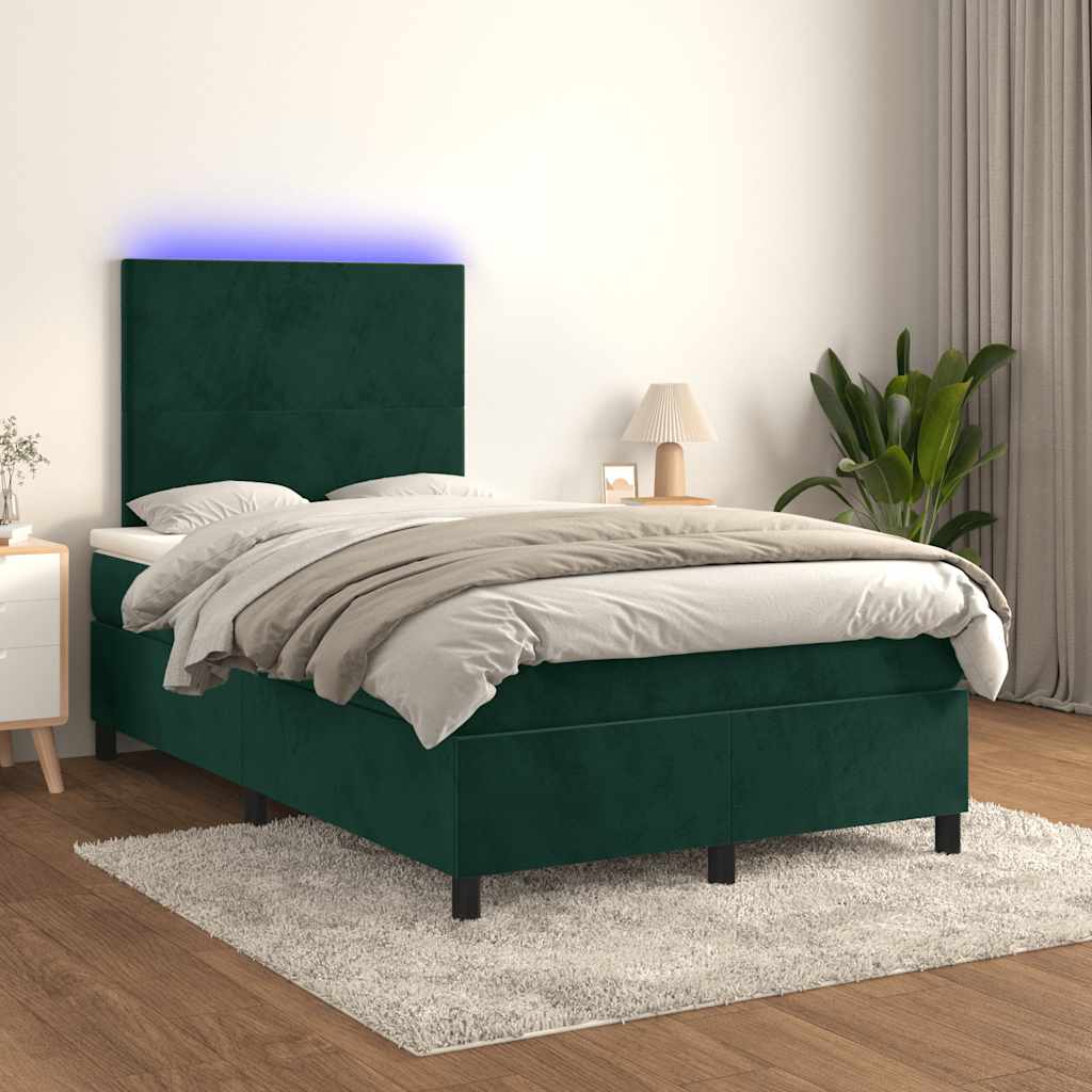 Krevet s oprugama i madracem LED tamnozelenim 120x190 cm baršun