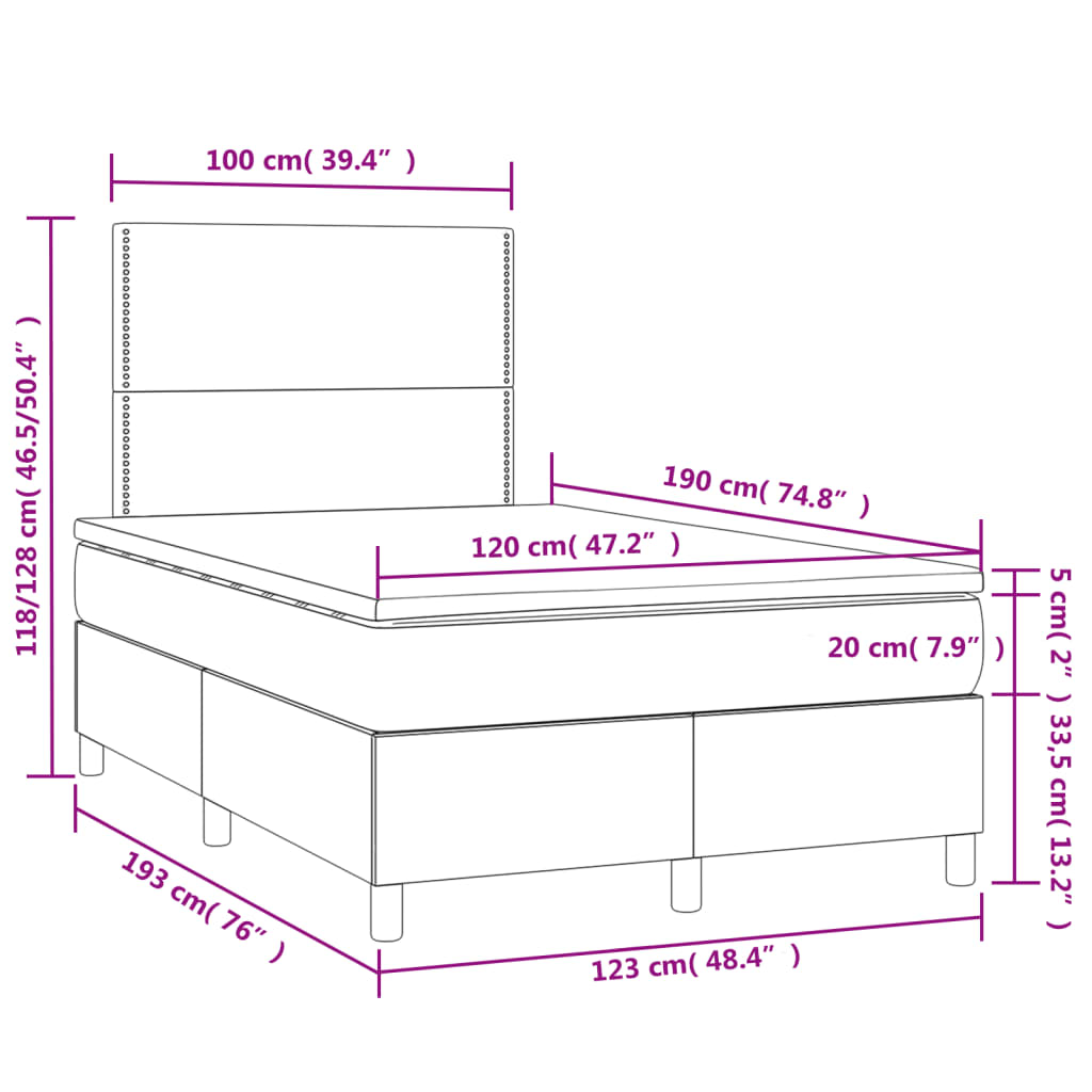 Krevet box spring s madracem LED tamnosivi 120 x 190 cm baršun