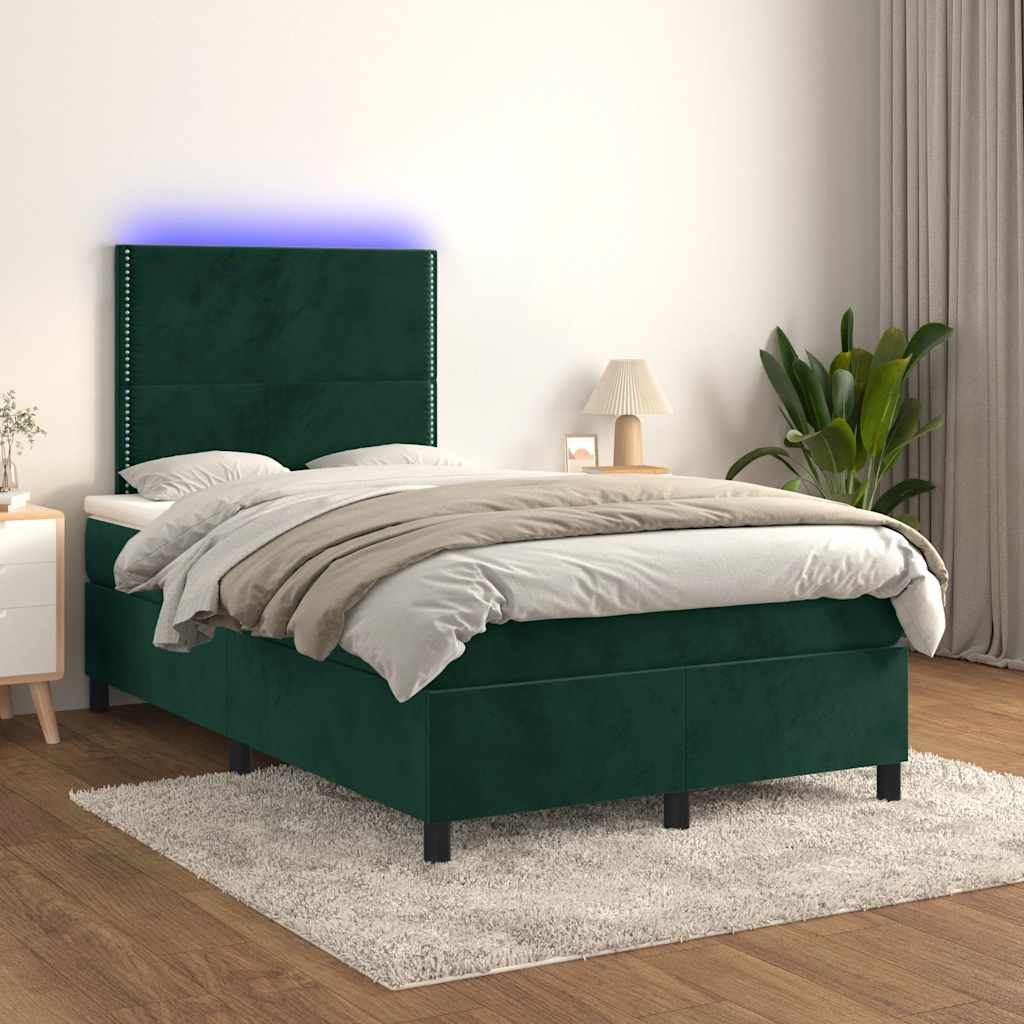 Krevet s oprugama i madracem LED tamnozelenim 120x190 cm baršun
