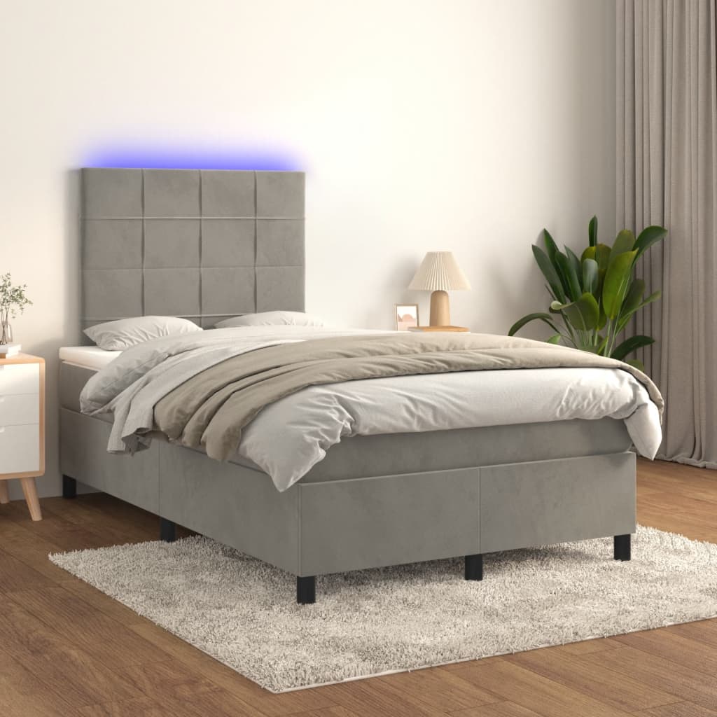 Krevet box spring s madracem LED svjetlosivi 120x190 cm tkanina