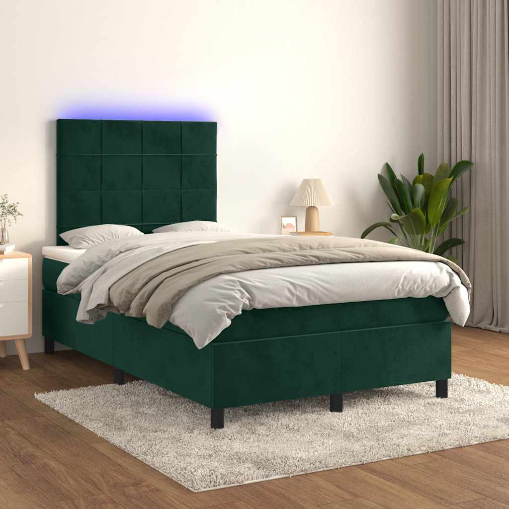 Krevet s oprugama i madracem LED tamnozelenim 120x190 cm baršun
