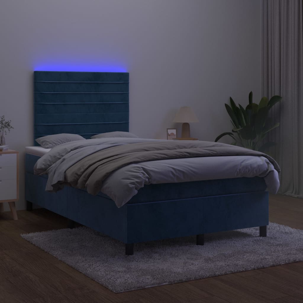 Krevet s oprugama i madracem LED tamnoplavi 120 x 190 cm baršun