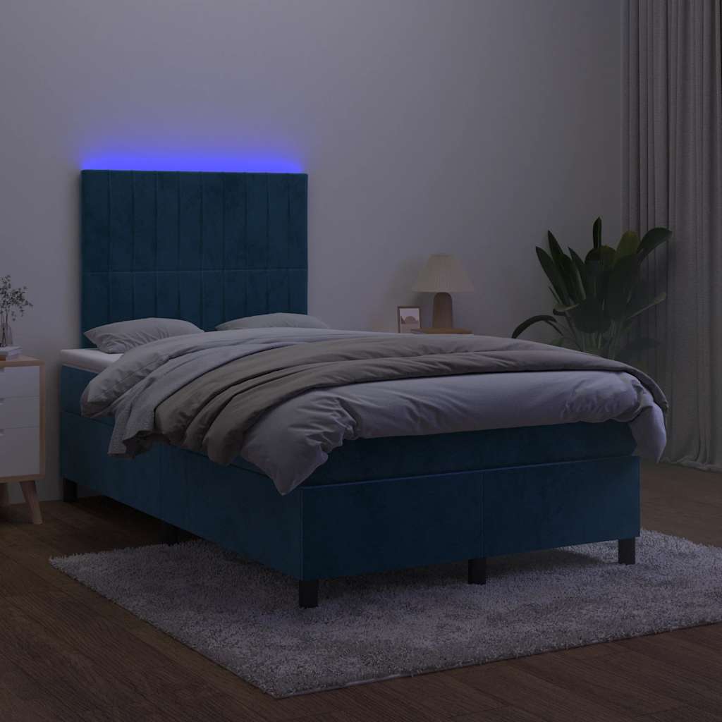 Krevet s oprugama i madracem LED tamnoplavi 120 x 190 cm baršun