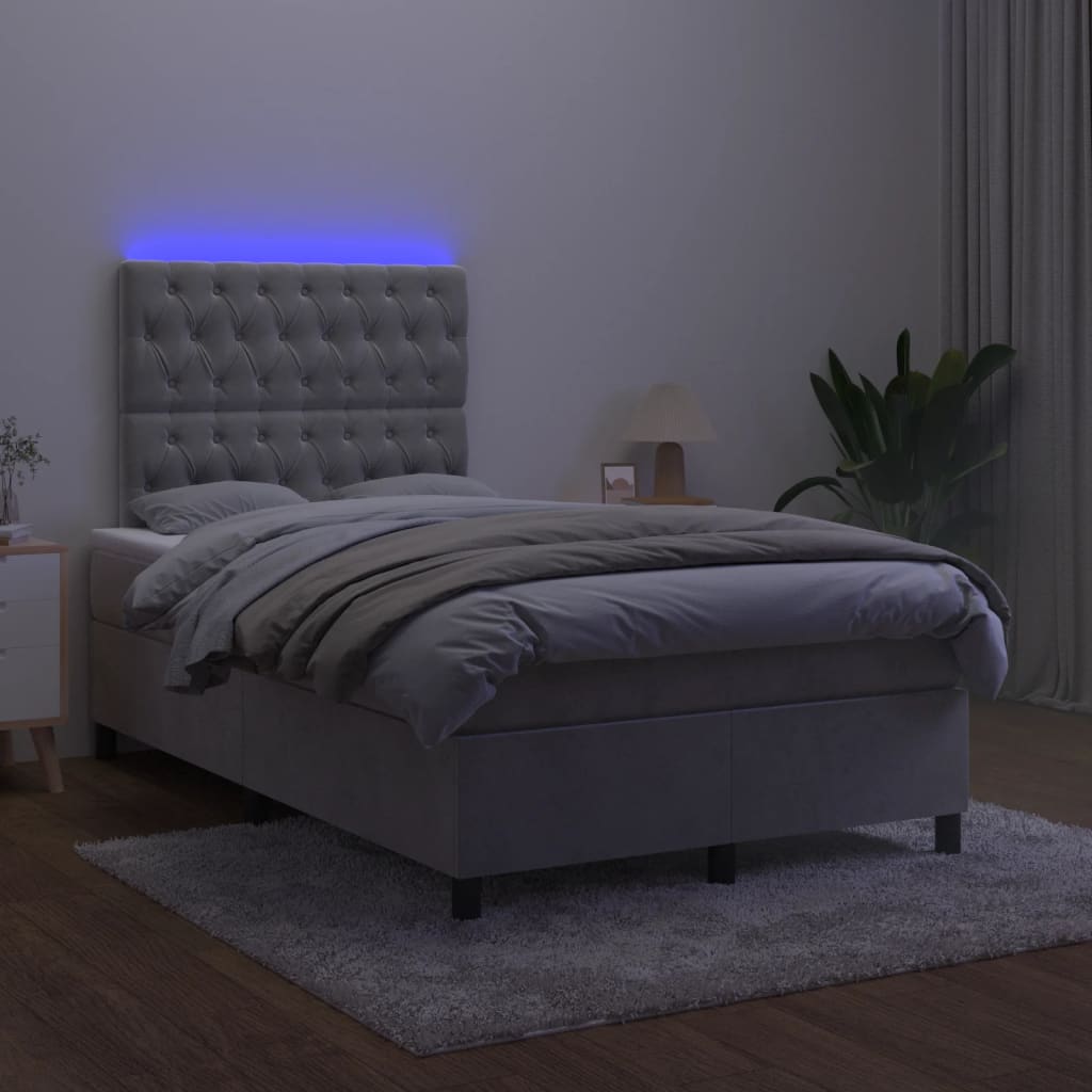 Krevet box spring s madracem LED svjetlosivi 120x190 cm tkanina