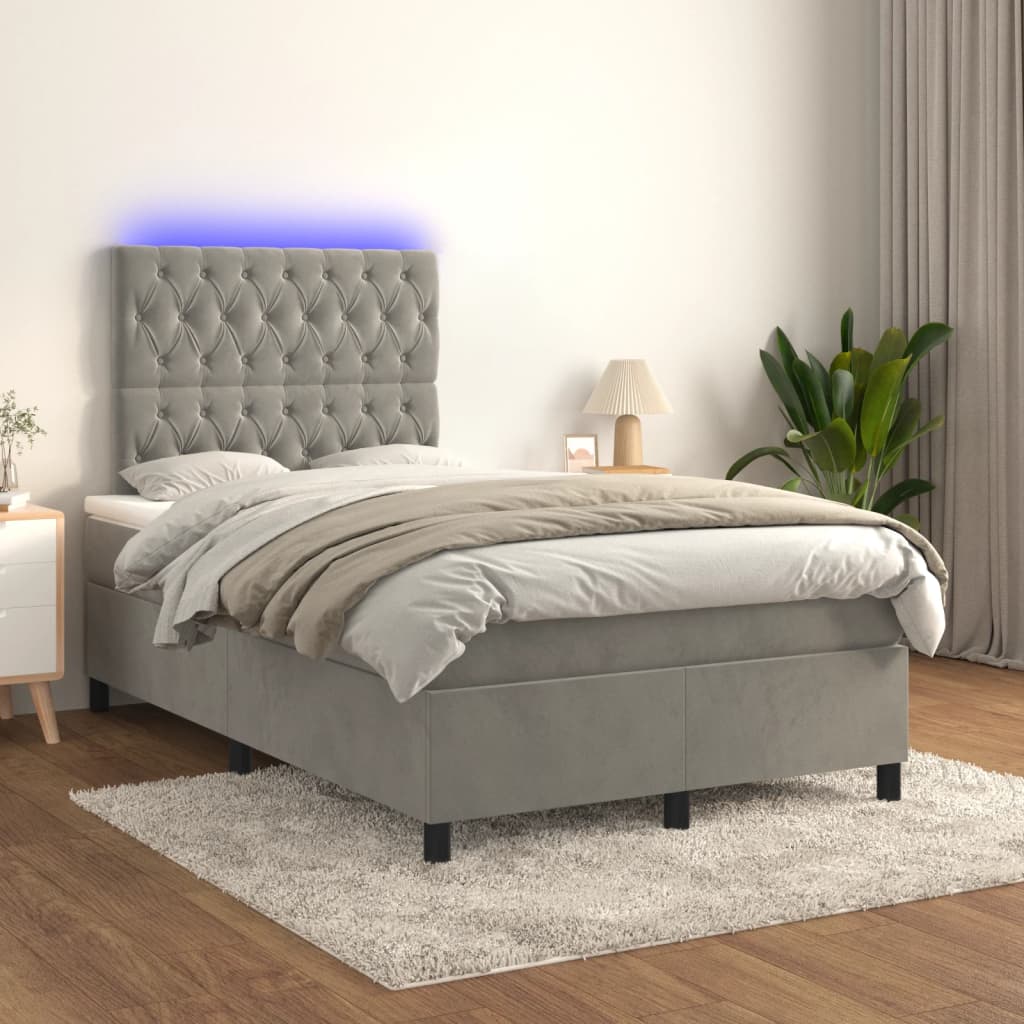 Krevet box spring s madracem LED svjetlosivi 120x190 cm tkanina