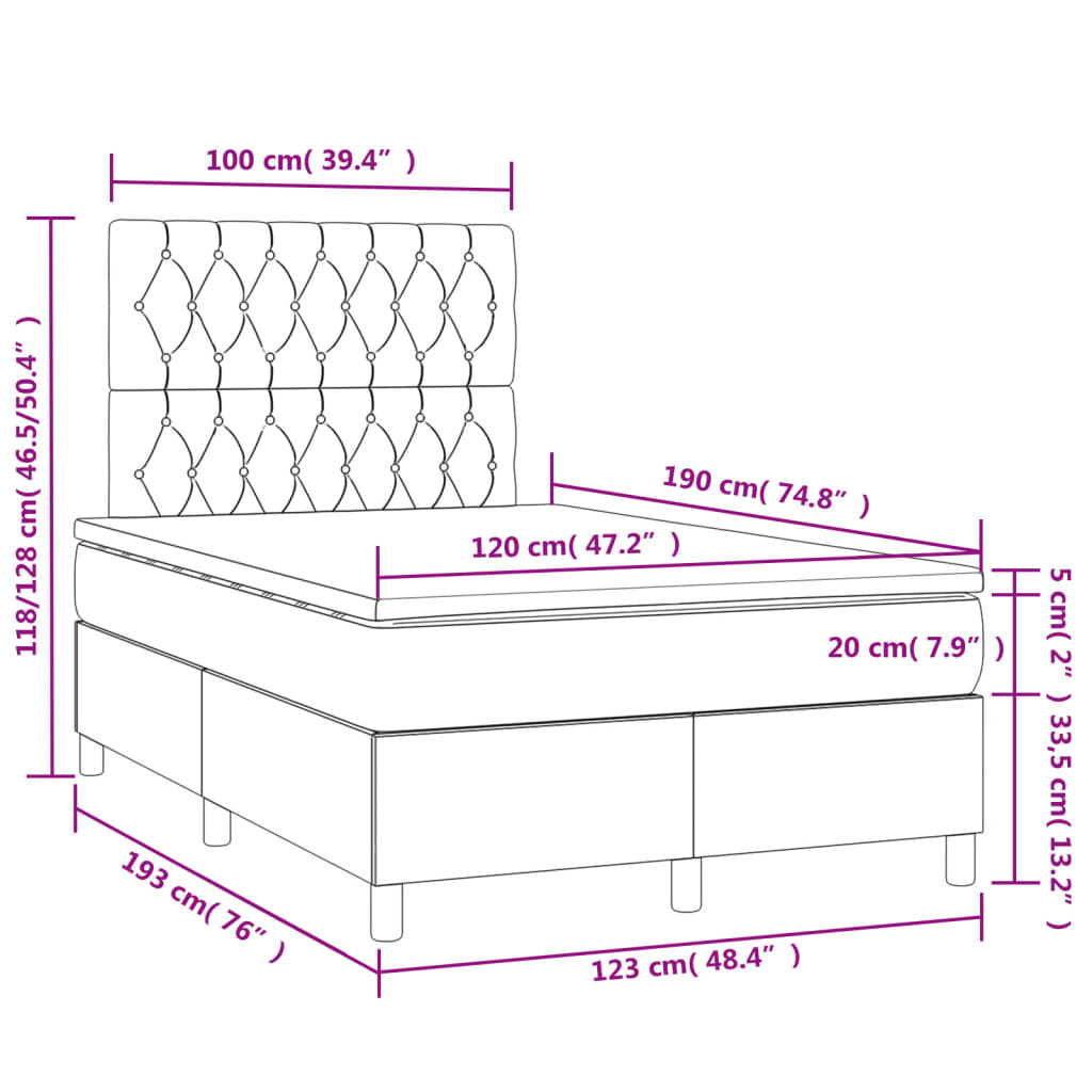 Krevet box spring s madracem LED svjetlosivi 120x190 cm tkanina