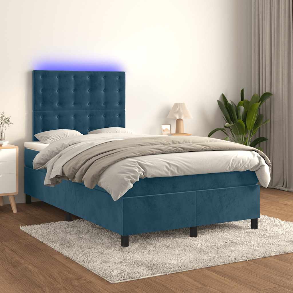 Krevet s oprugama i madracem LED tamnoplavi 120 x 190 cm baršun