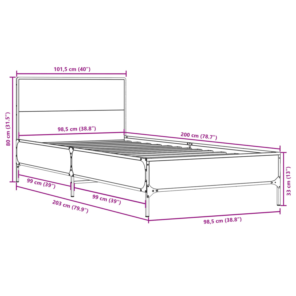Okvir za krevet crni 100x200 cm konstruirano drvo i metal