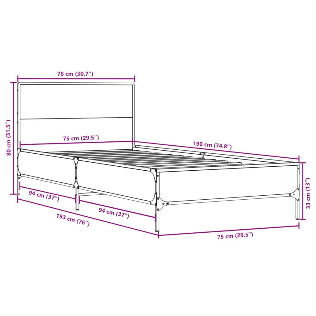 Okvir za krevet boja hrasta 75x190 cm konstruirano drvo i metal